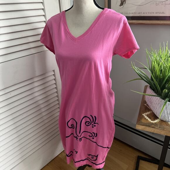 Marushka Dress Womens XL PInk Hand Printed Whale Artsy Preppy Coastal Beach - Picture 2 of 11